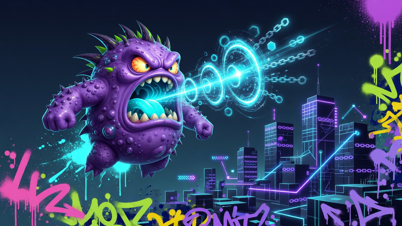 Bloop mascot roaring cyan energy rings over neon city